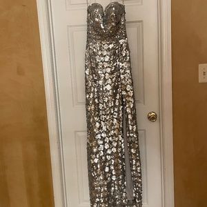 Size 2 - Night Moves Silver Sequin and Stone Gown with Front Slit